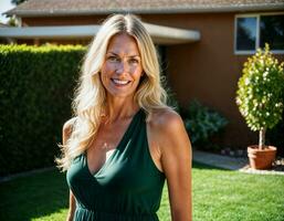 AI generated photo of beautiful woman with blonde hair as a housewife standing in front of her house, generative AI