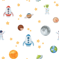 sans couture aquarelle modèle. étoilé ciel. Jaune étoiles Terre une capricieux astronaute, un extraterrestre, OVNI fusée, lune et Soleil. pour fonds d'écran, enfants pièces, textile, bébé vêtements, et manuels png