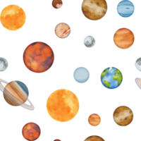 Seamless pattern. The solar system with planetary orbits. Mercury, Venus, Earth with its satellite, the Moon, Mars, Jupiter, Saturn, Uranus, Neptune, and the dwarf planet Pluto. Watercolor png