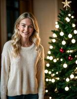 AI generated photo of beautiful woman with blonde hair in sweater standing in front of christmas tree , generative AI