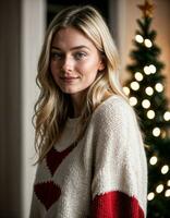 AI generated photo of beautiful woman with blonde hair in sweater standing in front of christmas tree , generative AI