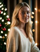 AI generated photo of beautiful woman with blonde hair in sweater standing in front of christmas tree , generative AI