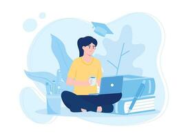 mujer haciendo trabajo de curso con un taza concepto plano ilustración vector