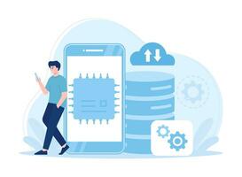 a men back up data to the cloud concept flat illustration vector