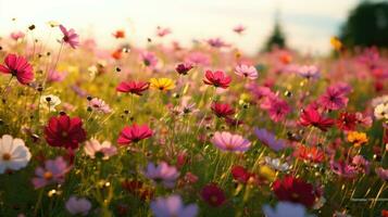 ai generado flores, antecedentes imagen, flor campo, brillo, frescura, escenario, paisaje, naturaleza foto