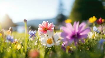 ai generado flores, antecedentes imagen, flor campo, brillo, frescura, escenario, paisaje, naturaleza foto