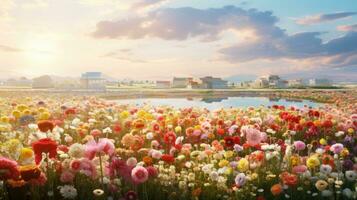 AI generated Flowers, background image, flower field, brightness, freshness, scenery, landscape, nature photo