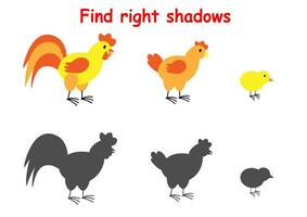 Shadow matching activity for preschoolers. Rooster, hen, chick. Puzzle find the printable sheet with the correct silhouette. vector