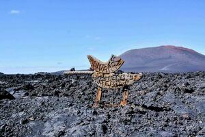 a wooden sculpture on top of a mountain photo