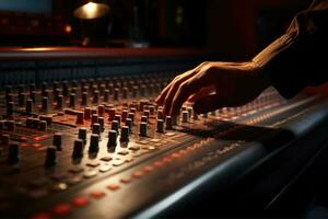 AI generated Close up of person hand on sound mixing console, buttons on audio mixer, AI Generative photo