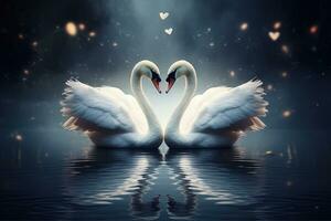 ai generado dos hermosa cisnes en un lago forma corazón, romántico cisne durante San Valentín día, ai generativo foto