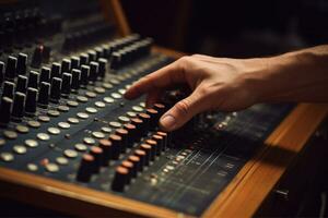 AI generated Close up of person hand on sound mixing console, buttons on audio mixer, AI Generative photo