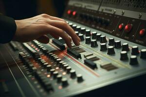 AI generated Close up of person hand on sound mixing console, buttons on audio mixer, AI Generative photo