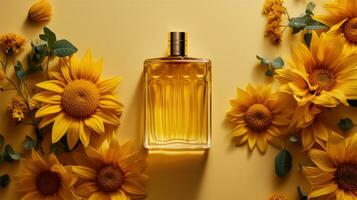 ai generado Bosquejo perfume botella con flor minimalismo textura fotografía, escaparate producto, ai generativo foto