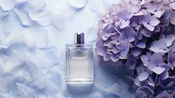 AI generated Mockup Perfume bottle with flower minimalism texture photography, Showcase Product, AI Generative photo