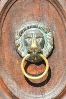 a lion head on a wooden door handle photo