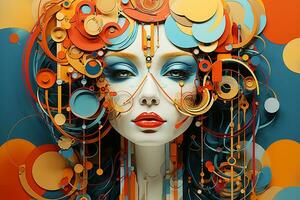 AI generated Geometric shapes with woman face abstract art, wall background. Vibrant colors, precise compositions photo