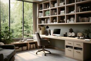 AI generated Office featuring a spacious desk with minimal decor, neutral color palette with bright accent hues to add liveliness and energy to the office photo