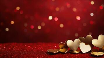 AI generated Golden confetti and pink hearts on a red background, copy space. Background of Valentines day concept. photo
