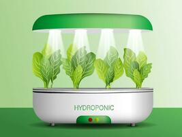 Portable hydroponic aeroponic system for ecofriendly growing of green lettuce, vegetables and herbs. With automatic watering system and phyto lighting vector