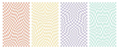 Groovy backgrounds, deformed checkered pattern. Retro background, bright, colored, checkered. Collection of pastel colored distorted groovy background vector