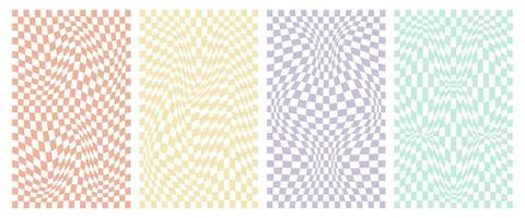 Groovy backgrounds, deformed checkered pattern. Retro background, bright, colored, checkered. Collection of pastel colored distorted groovy background vector