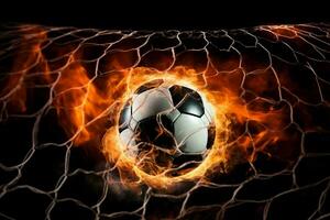 AI generated Fiery soccer ball in net. Generate ai photo