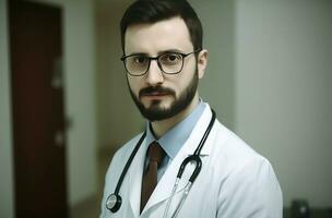 AI generated Hospital doctor with stethoscope wearing eyeglasses. Generate ai photo