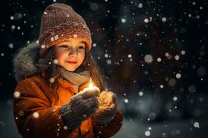 AI generated Girl winter lights in hands smiling face. Generate Ai photo