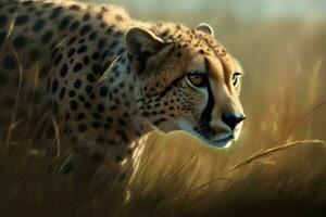 AI generated Cheetah portrait stalking savannah. Generate ai photo