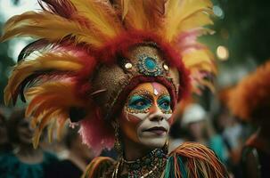 ai generado disfrazado creativo carnaval con plumas. generar ai foto