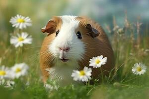 ai generado linda Guinea silbido en campo con flores generar ai foto