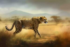 ai generado leopardo acecho en árido sabana. generar ai foto