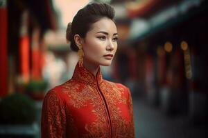 AI generated Chinese fashion model in red qipao street portrait. Generate ai photo