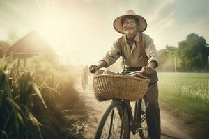 AI generated Farmer riding bicycle in village. Generate ai photo