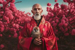 AI generated Buddhist monk in red kimono. Generate ai photo