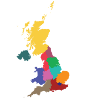 United Kingdom Regions map. Map of United Kingdom in administrative regions in multicolor png