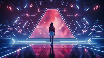 AI generated Futuristic Background. Metallic surface with neon accents and futuristic patterns. Created with Generative AI photo