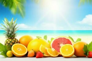 AI generated Fresh fruits and beach landscape. Summer background. Ai generated photo
