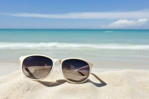 ai generado Gafas de sol y playa paisaje, verano vacaciones antecedentes. ai generado foto