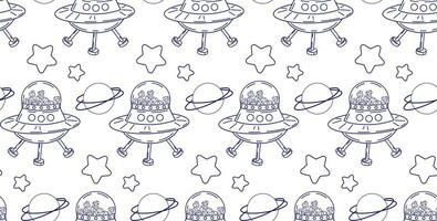 Seamless space pattern with pet food. Linear drawing of a satellite with food for cats flying in space. vector