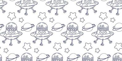 Seamless space pattern with pet food. Linear drawing of a satellite with food for cats flying in space. vector