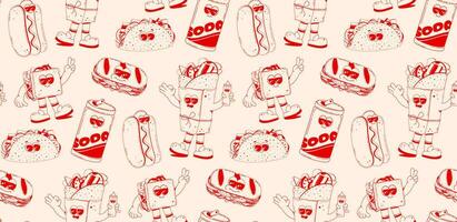 Set of fast food characters in retro linear style. Hamburger, pizza, soda, hod dog, fries. Doodle illustration in retro cartoon style. vector