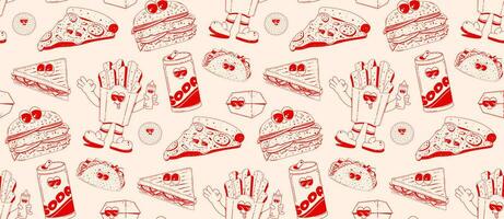conjunto de rápido comida caracteres en retro lineal estilo. hamburguesa, pizza, soda, capacho perro, papas fritas garabatear ilustración en retro dibujos animados estilo. vector