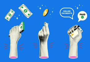 Hands in retro collage style with halftone effect. Business concept. A wad of money in a hand, a credit card in a hand and a hand tossing a coin. vector