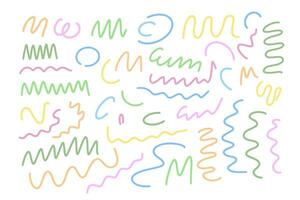 Abstract freeform curly doodle lines set simple hand drawn colorful vector illustration, wavy squiggle brush stroke shapes collection for party celebration decor, design elements