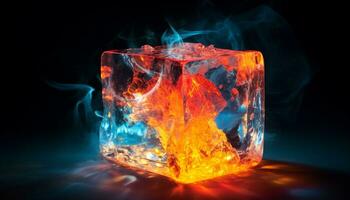 AI generated fire ice cube roasted glass photo
