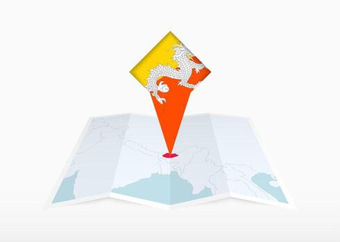 Bhutan is depicted on a folded paper map and pinned location marker with flag of Bhutan. vector