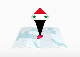 Syria is depicted on a folded paper map and pinned location marker with flag of Syria. vector