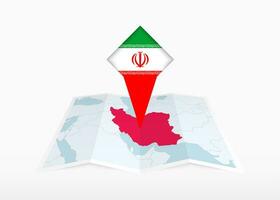 Iran is depicted on a folded paper map and pinned location marker with flag of Iran. vector